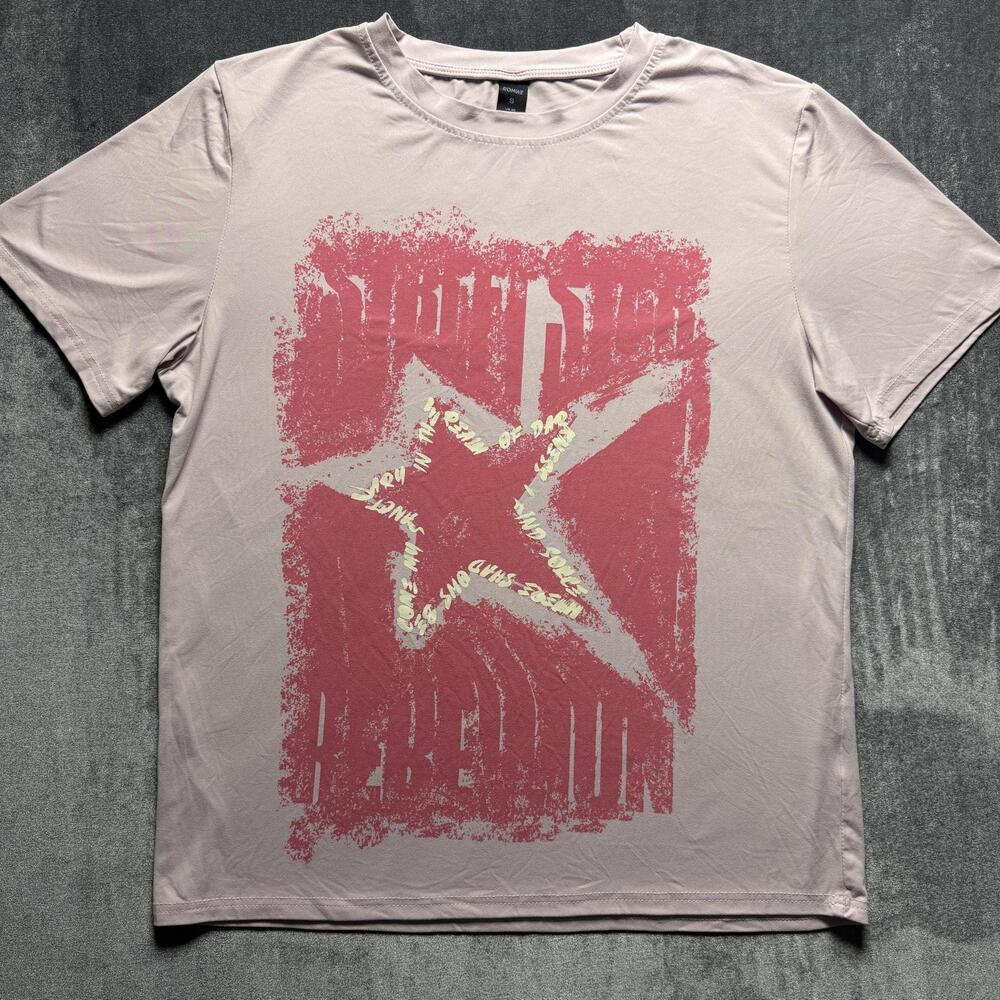 ROMWE Shirt Mens Small Pink Star Rebellion Graphic Tee Streetwear Distressed